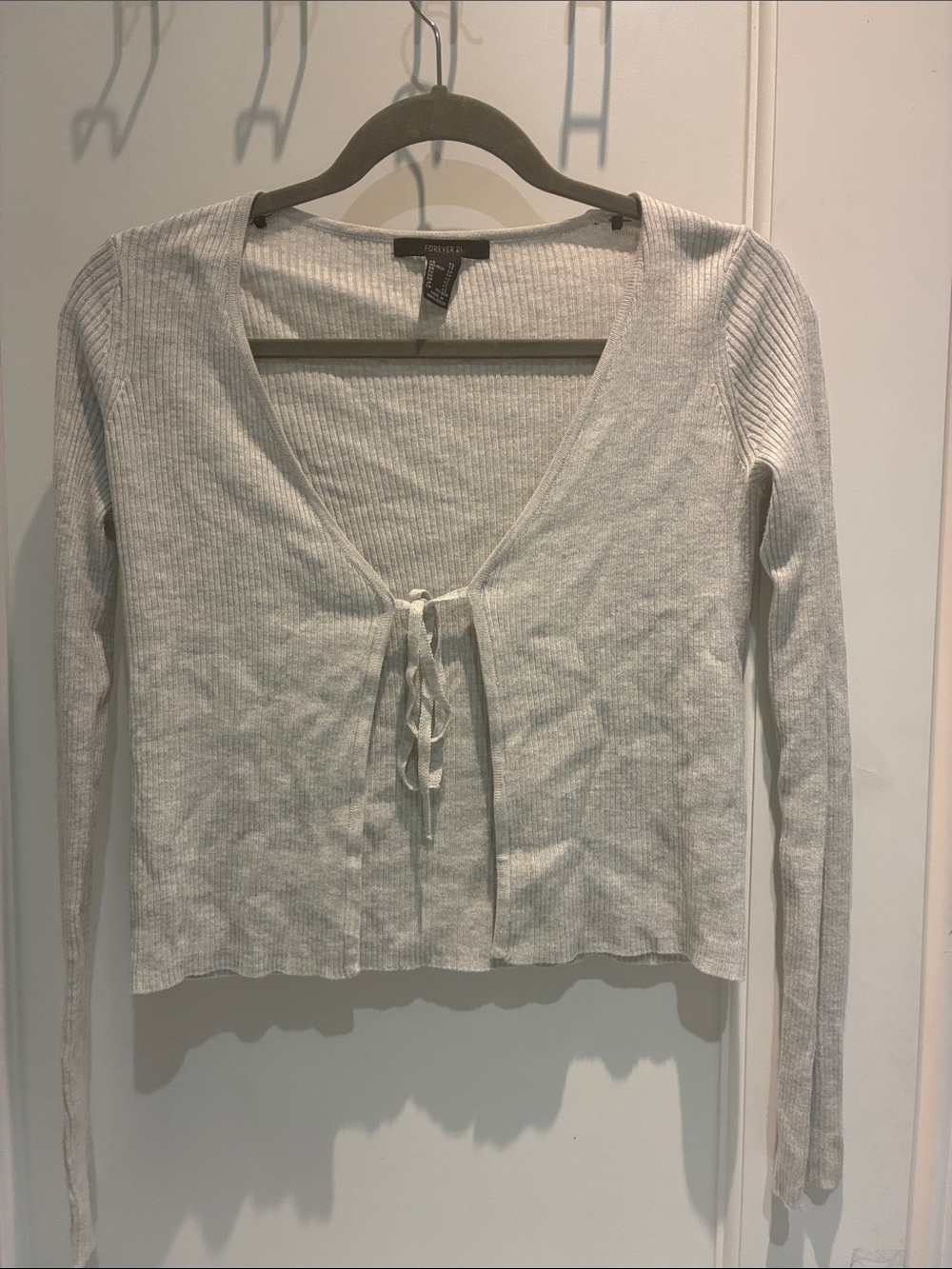 Forever 21 Light Gray Ribbed Tie-Front Cardigan